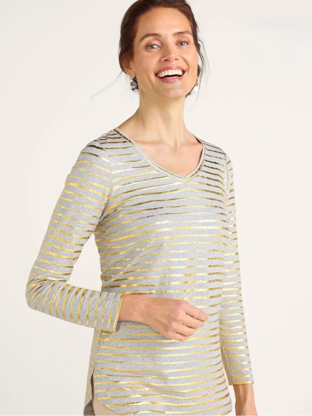 Women's Metallic Gold Stripe V-Neck Long Sleeve Cotton Blend Top
